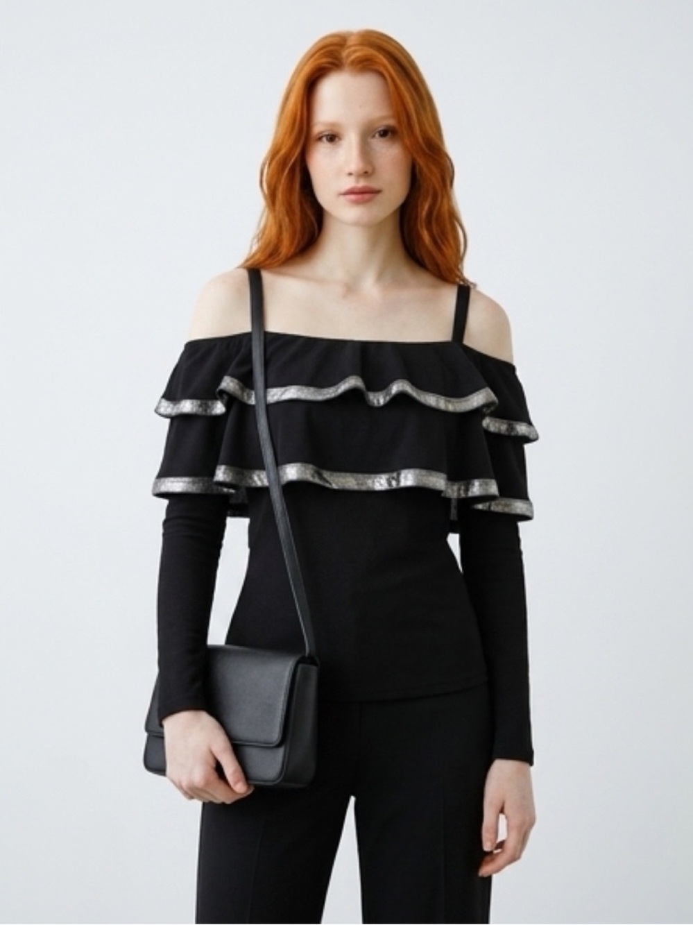 Coquette Ruffle Trendy Goth Fairy Whimsy Cold shoulder blouse Black Stretch M